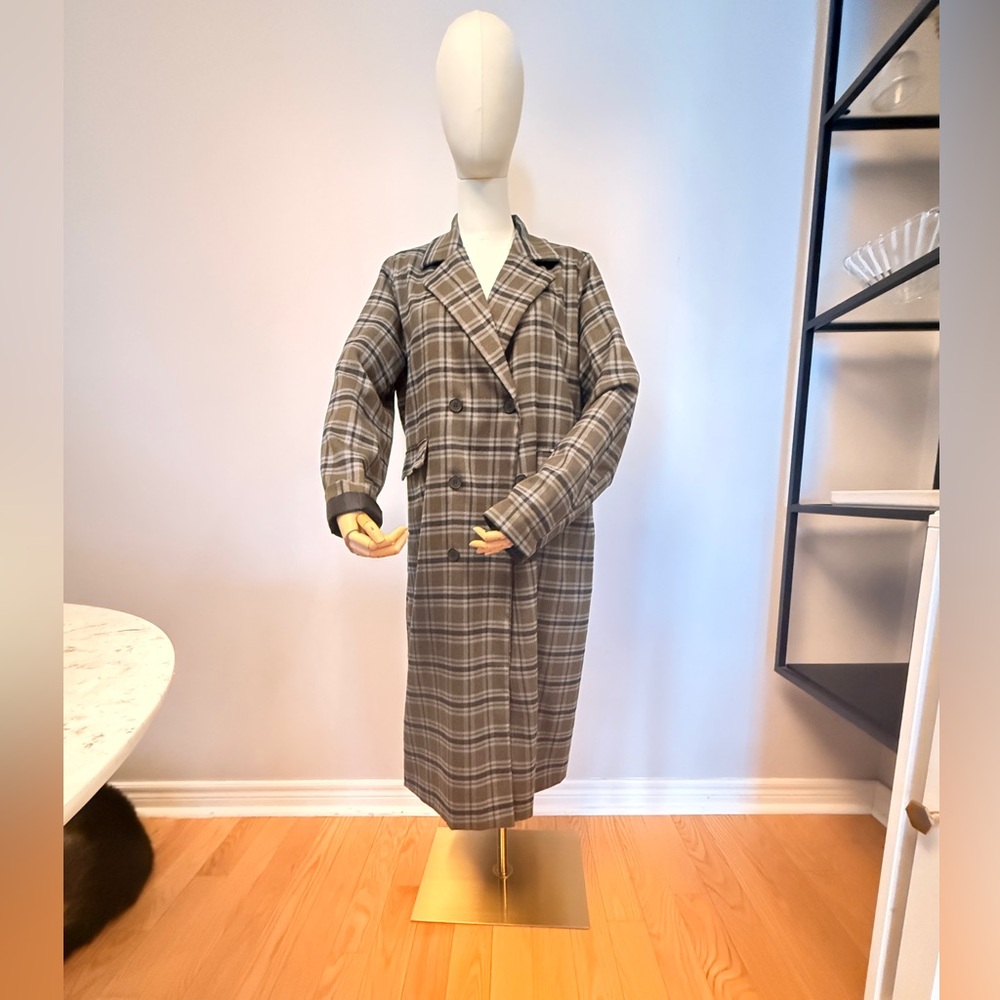 Women's Gray Plaid Double-Breasted Pea Coat